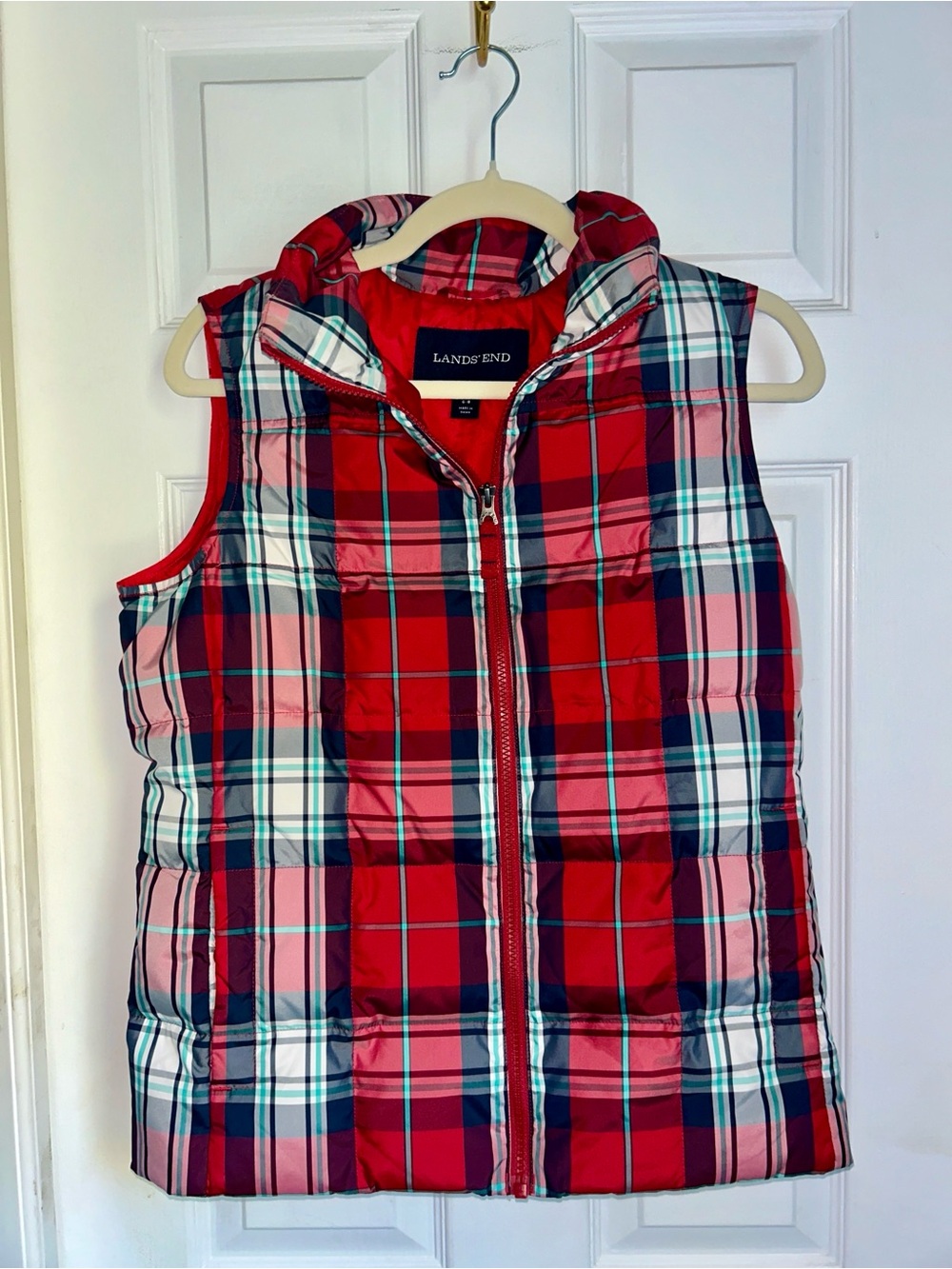 Lands' End Plaid Quilted Full Zip Puffer Vest | S